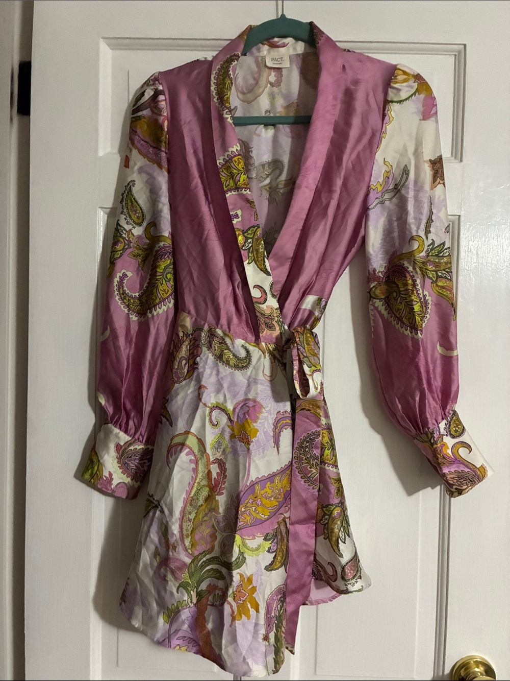 Pact Sustainable Pink & White Paisley Wrap Mini Dress